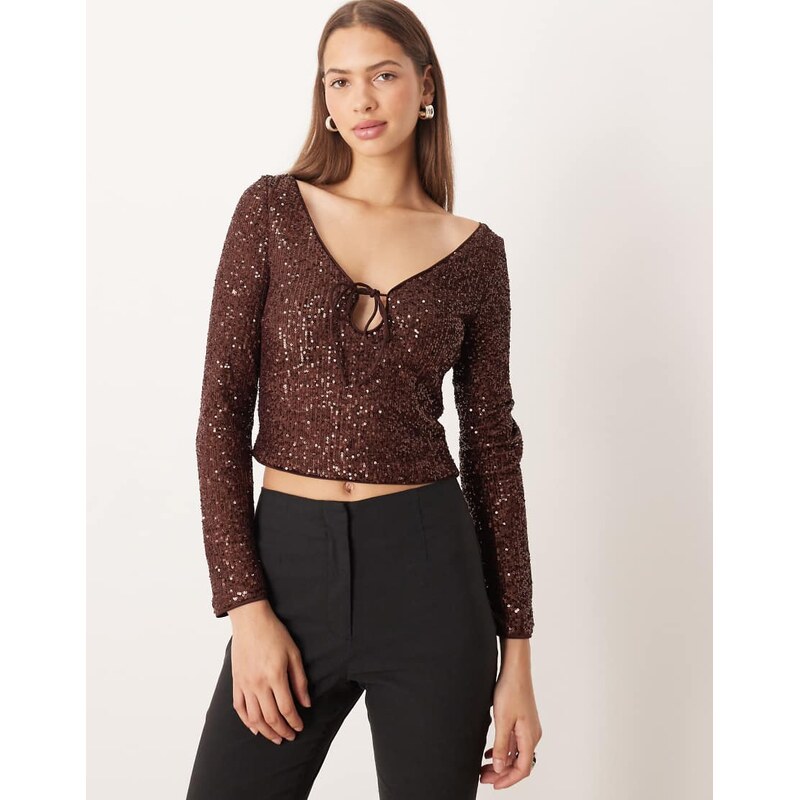 ASOS DESIGN allover sequin keyhole long sleeve top in chocolate-Brown