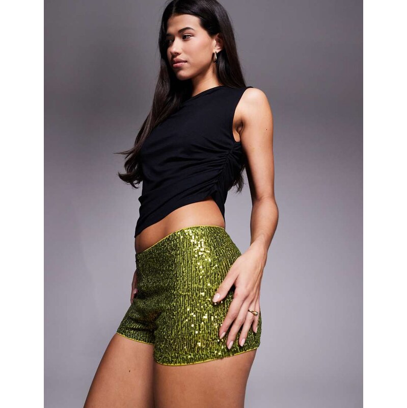 ASOS DESIGN allover sequin mini short in olive-Green 114966183