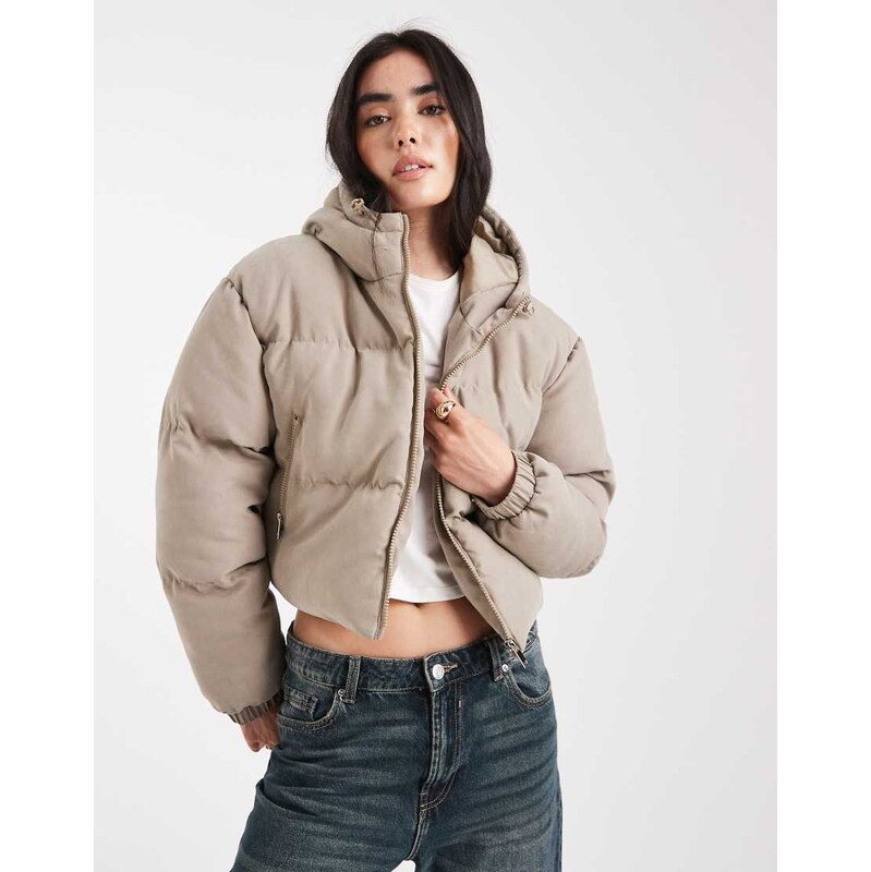 Brave Soul short puffer jacket with hood in taupe-Neutral 109602337