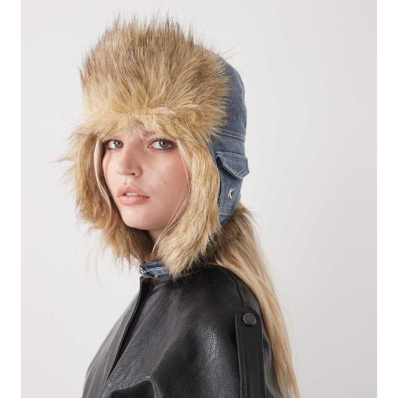 COLLUSION denim vintage trapper with faux fur trim in mid wash blue 109596702