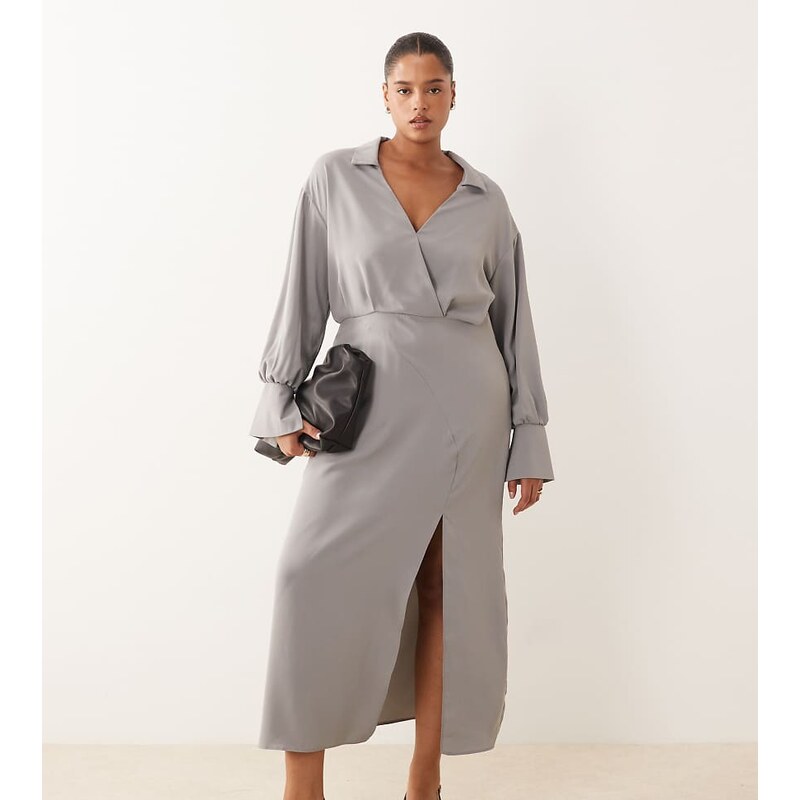 ASOS Curve ASOS DESIGN Curve draped shirt pencil midi skirt in grey 109693266