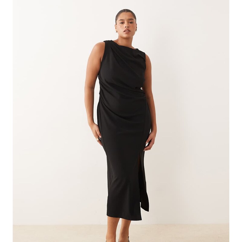 ASOS Curve ASOS DESIGN Curve slash neck ruched midi dress in black 109596825
