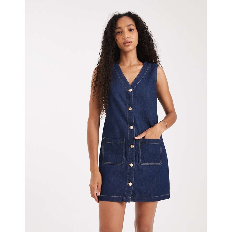 Threadbare button front pinafore denim mini dress in blue 111133593