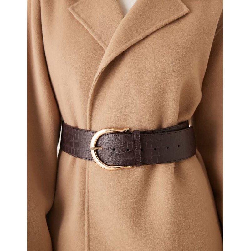 ASOS DESIGN wide low waisted belt in chocolate croc with gold hardware 109596869