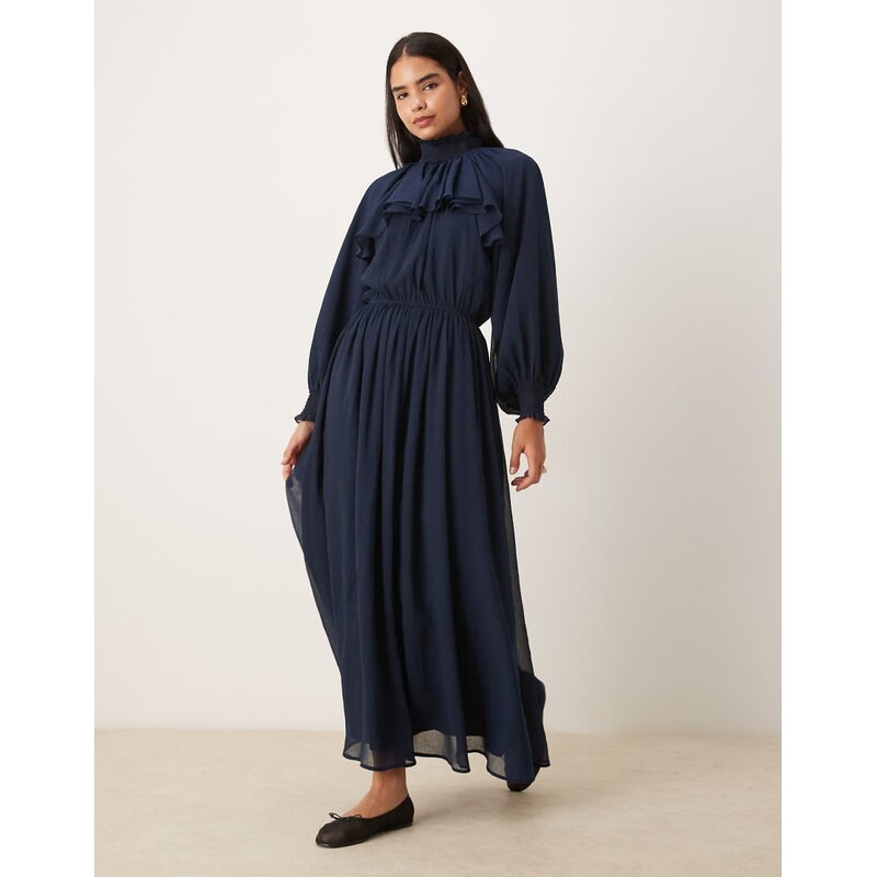 ASOS DESIGN high neck ruffle detail chiffon maxi dress in navy-Brown 114725823