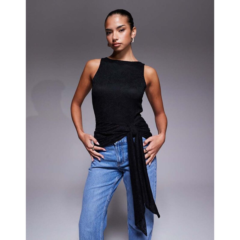 AFRM lace sleeveless knot drape detail open back top in black