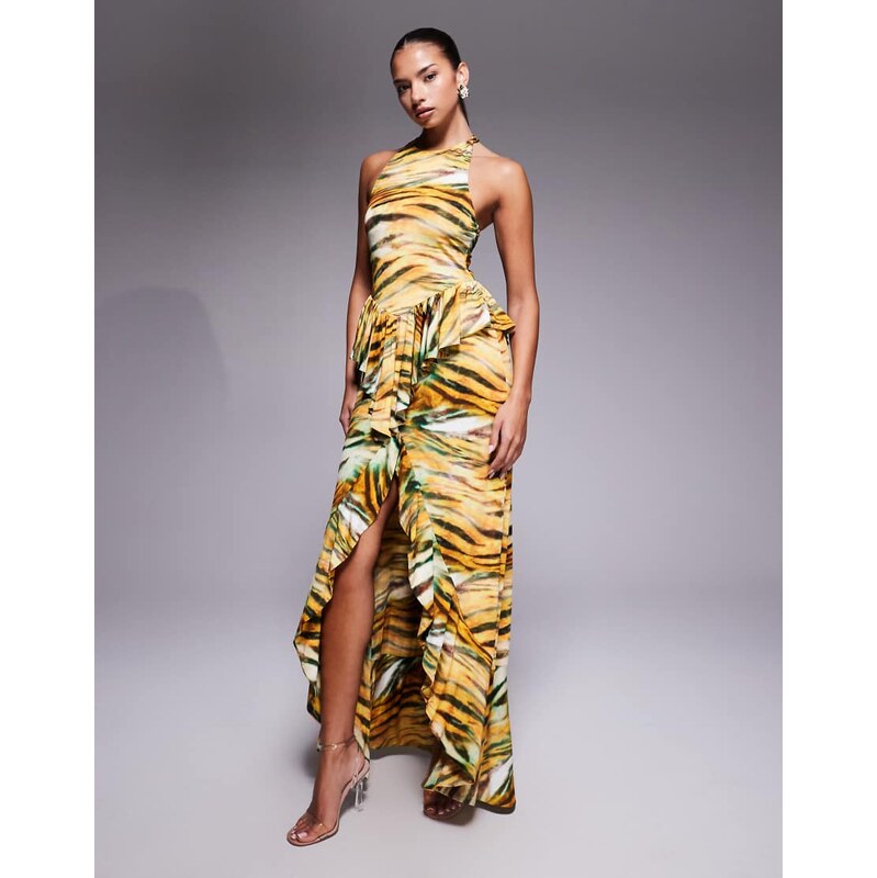 AFRM slinky racerneck ruffle detail front split maxi dress in