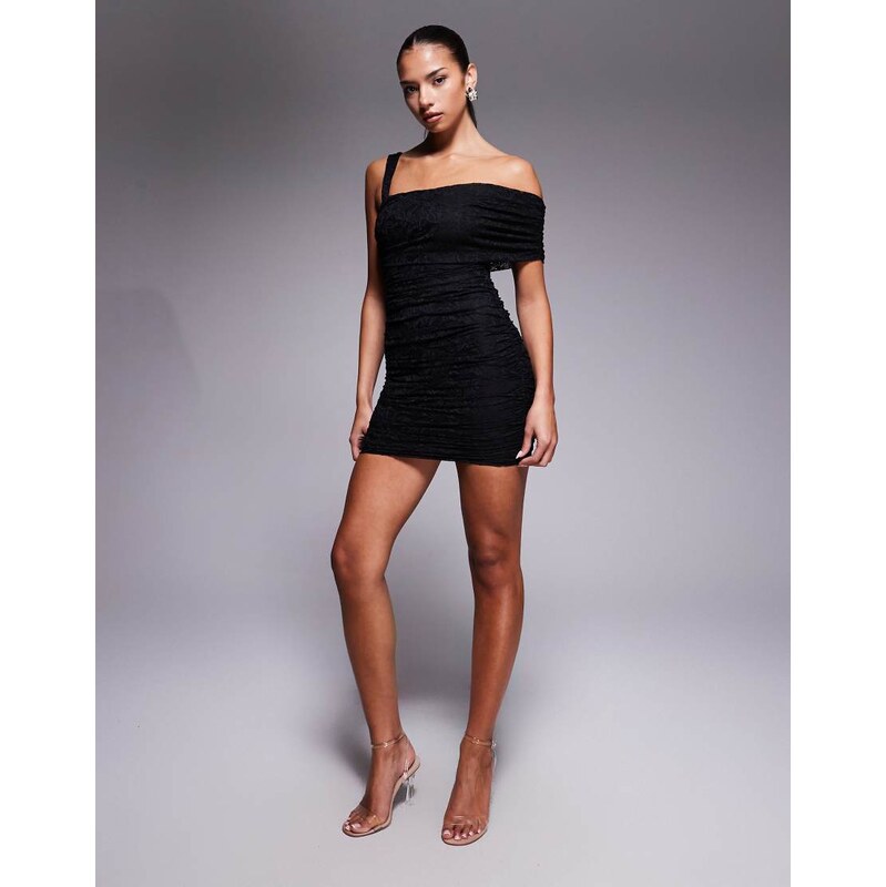 AFRM lace ruched one shoulder mini dress in black