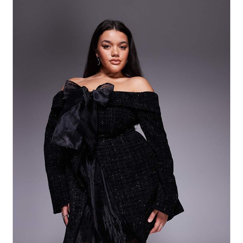 ASOS LUXE Curve boucle bardot mini dress with pleated skirt and