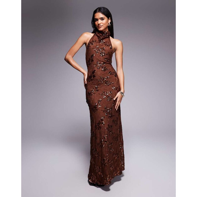 ASOS DESIGN sequin lace draped halterneck maxi dress with open