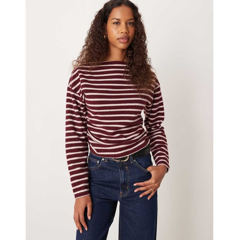 ASOS DESIGN off shoulder cinched brushed stripe top in burgundy