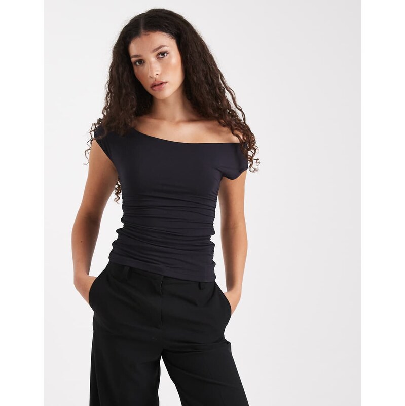 WeWoreWhat asymmetric ruched off shoulder crop top in black