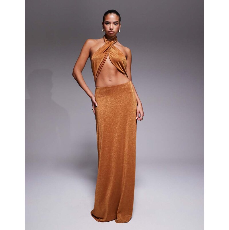 AFRM metallic knit halterneck cut out maxi dress in bronze-Brown