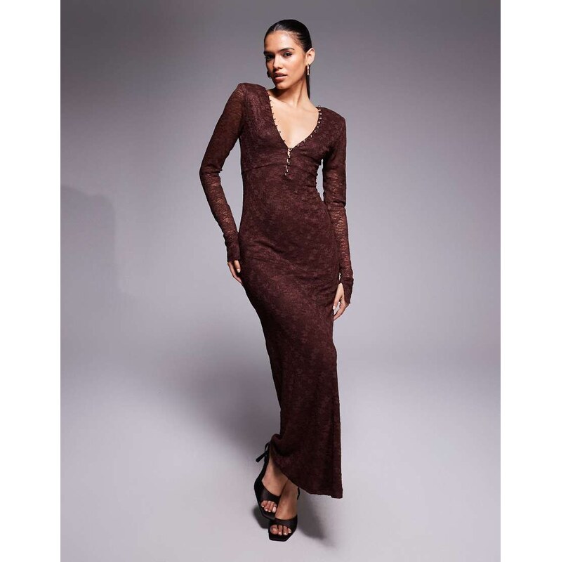 Bardot Zenia lace button trim v neck maxi dress in chocolate-Brown 109597102