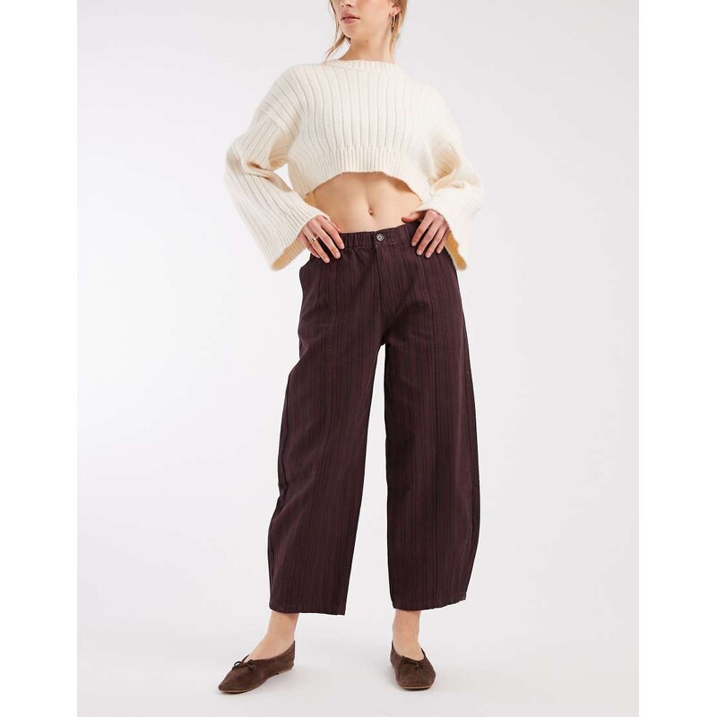 ASOS DESIGN laundered pull on barrel trousers in burgundy and
