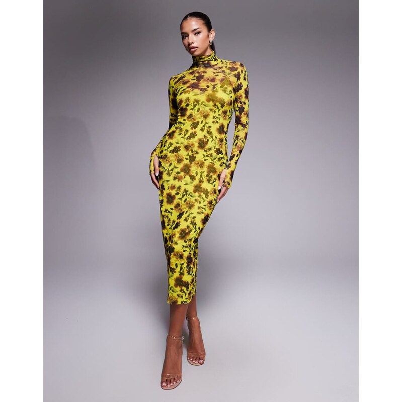 AFRM mesh roll neck long sleeve midaxi dress in lime green
