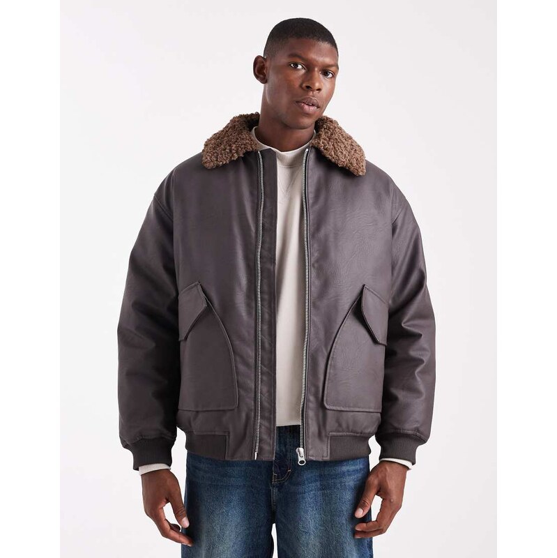 ASOS DESIGN coach jacket in faux leather with borg collar in brown