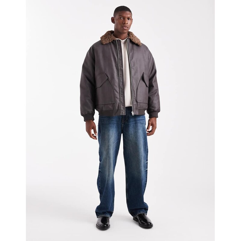 ASOS DESIGN coach jacket in faux leather with borg collar in brown