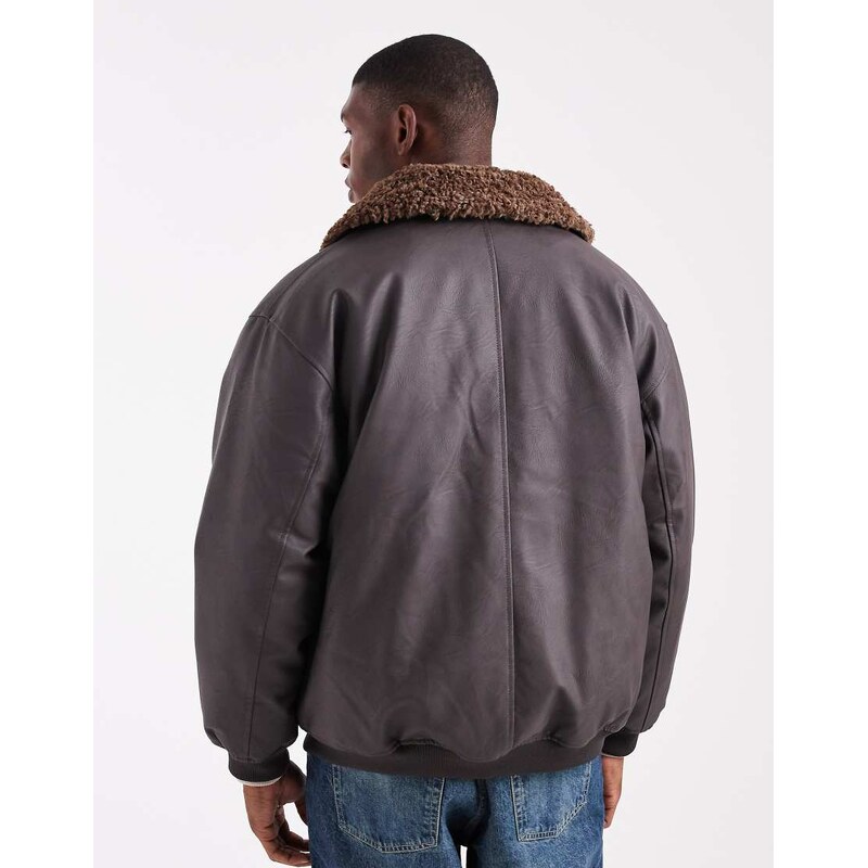 ASOS DESIGN coach jacket in faux leather with borg collar in brown