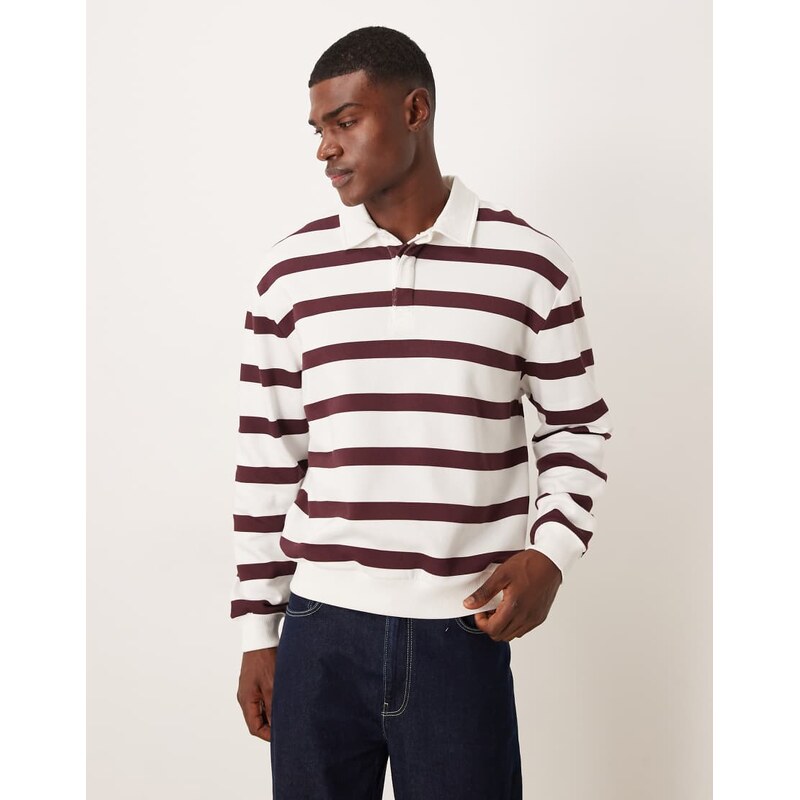 ASOS DESIGN relaxed fit rugby polo sweatshirt in stripe cream