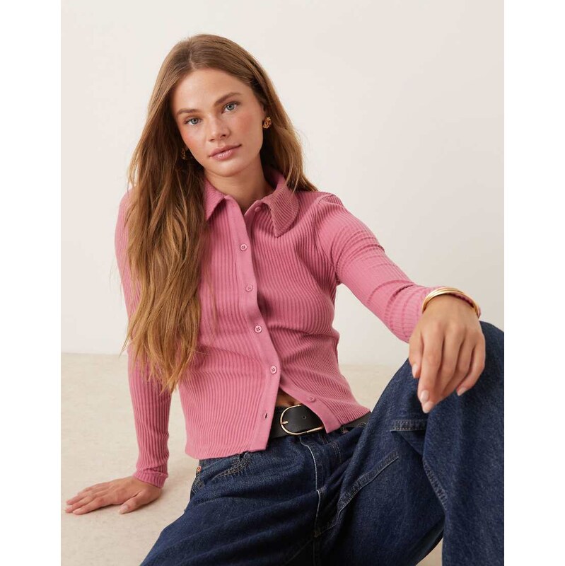 ASOS DESIGN Supersoft shrunken bushed ribbed collar cardigan in