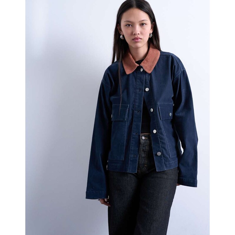 Topshop cut cord jacket with contrast cord collar in navy