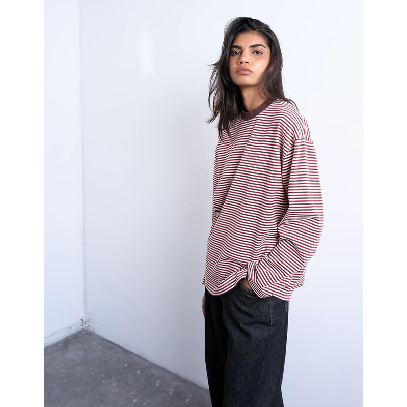 Topshop stripe premium interlock long sleeve skater tee in brown 109670564