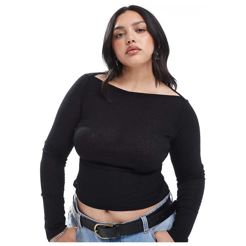 ASOS Curve ASOS DESIGN Curve textured mesh slash neck long sleeve top 115512889