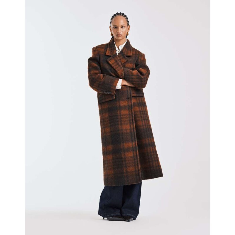 ASOS DESIGN premium brushed wool blend dad coat in brown and orange check-Multi