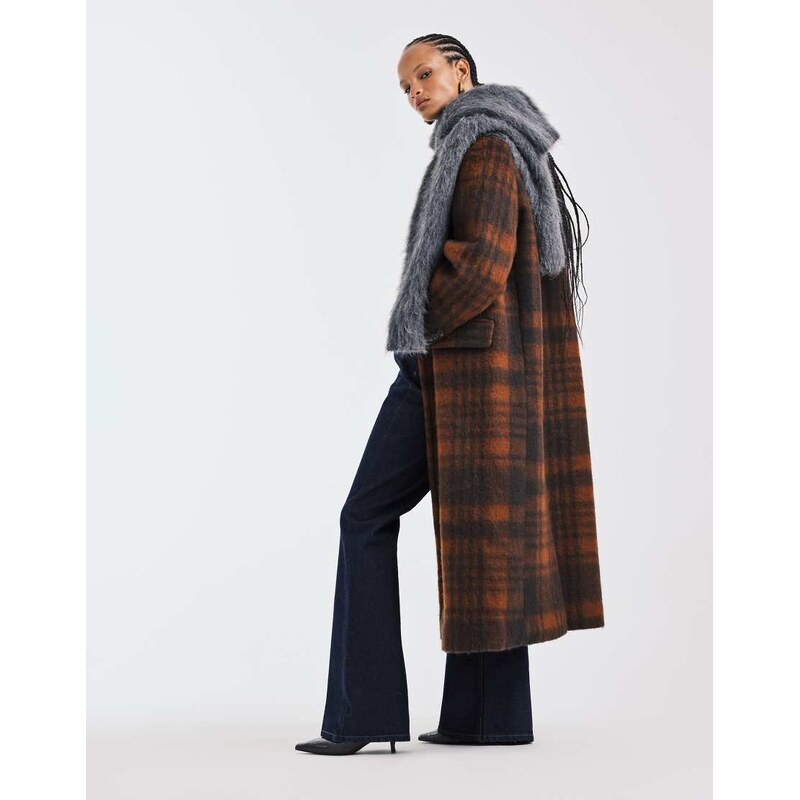 ASOS DESIGN premium brushed wool blend dad coat in brown and orange check-Multi
