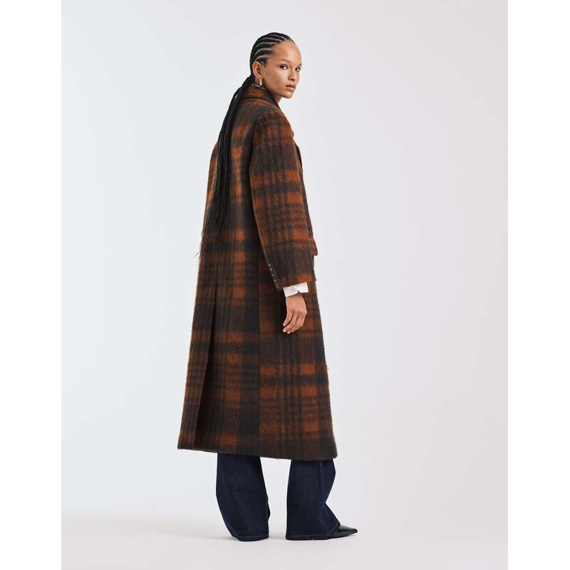 ASOS DESIGN premium brushed wool blend dad coat in brown and orange check-Multi