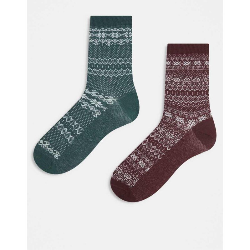 ASOS DESIGN 2 pack fairisle socks in red and green-White 109605349