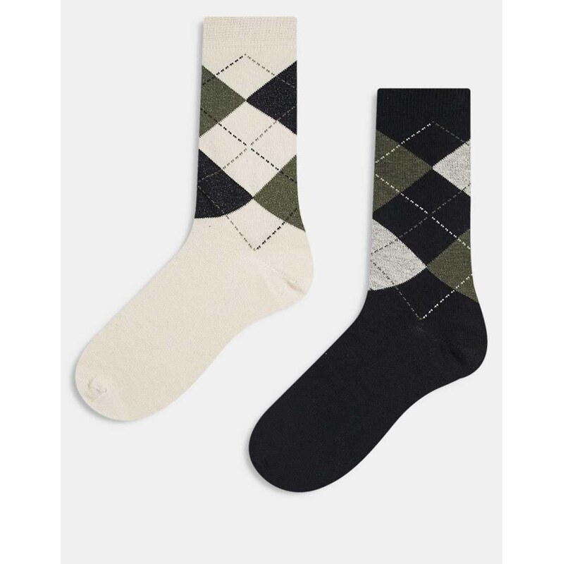 ASOS DESIGN 2 pack check socks in black and ivory-White 109605351