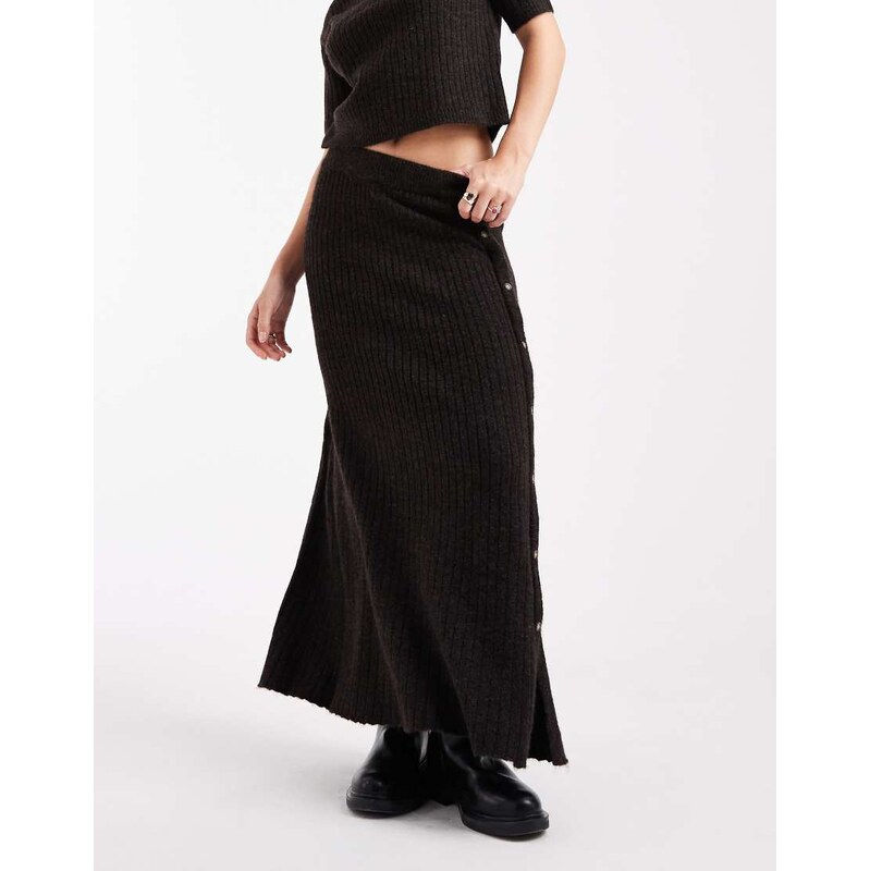 Vero Moda ribbed knitted button side midi skirt co-ord in chocolate 109605369