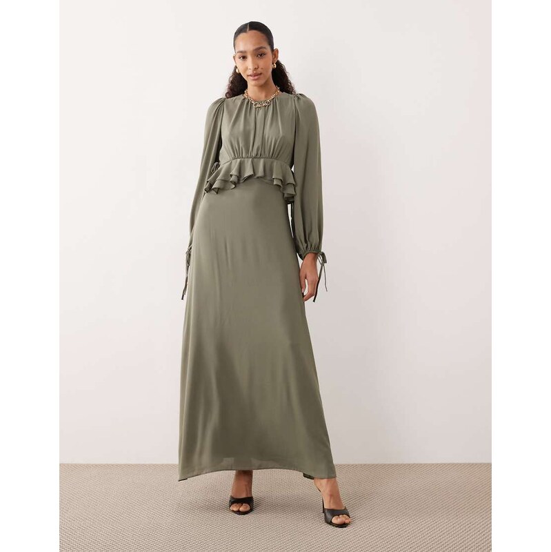 ASOS DESIGN ruffle waist maxi dress in khaki-Multi