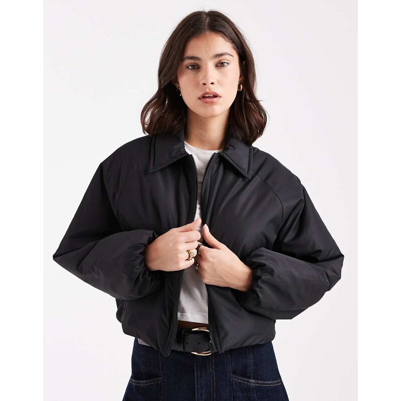 Brave Soul short padded bomber jacket with collar in black 109614867