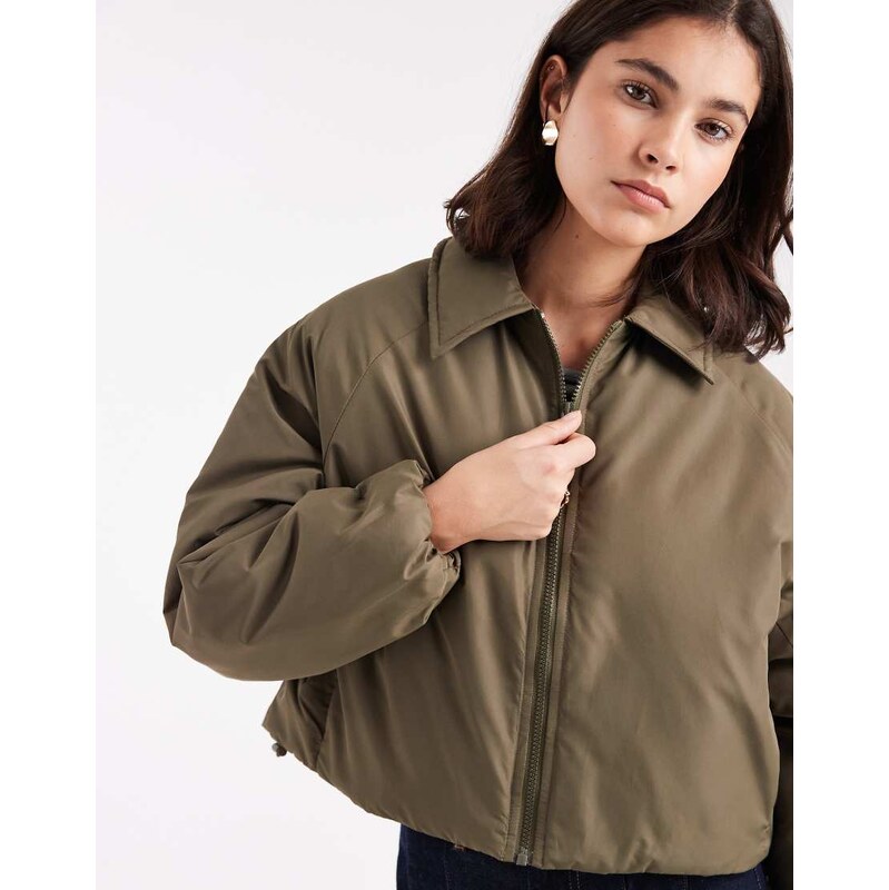 Brave Soul short padded bomber jacket with collar in khaki-Green 110922991