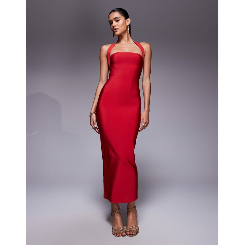 ASOS DESIGN bandage square neck halter midi dress in red