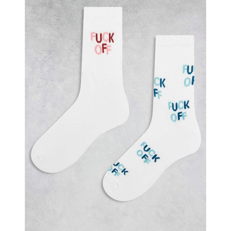 ASOS DESIGN 2 pack socks with swear word graphic in white 109614987