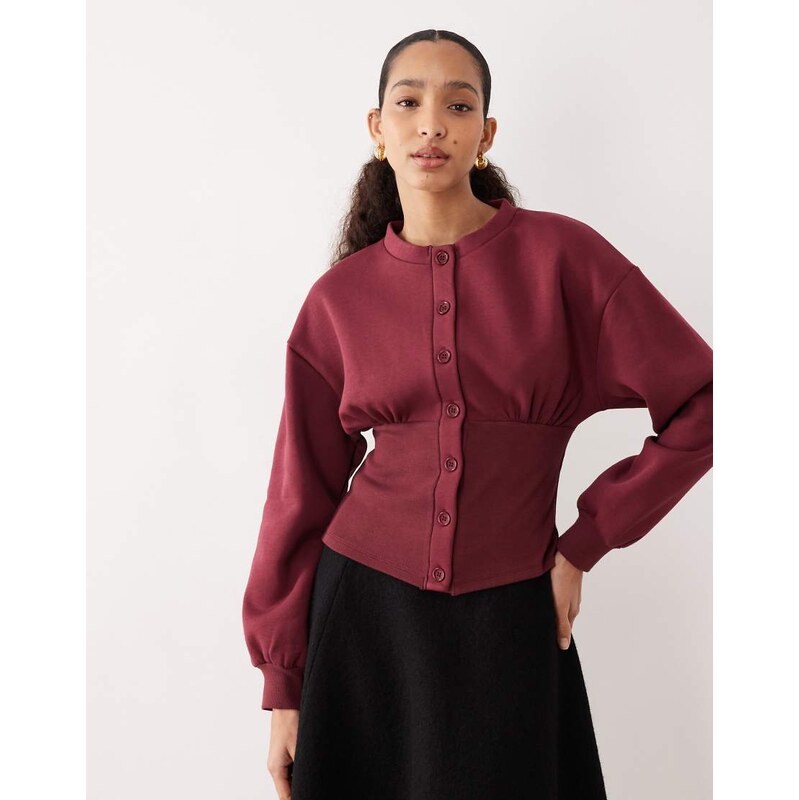 ASOS DESIGN cinched button through sweatshirt in burgundy-Red 115746244