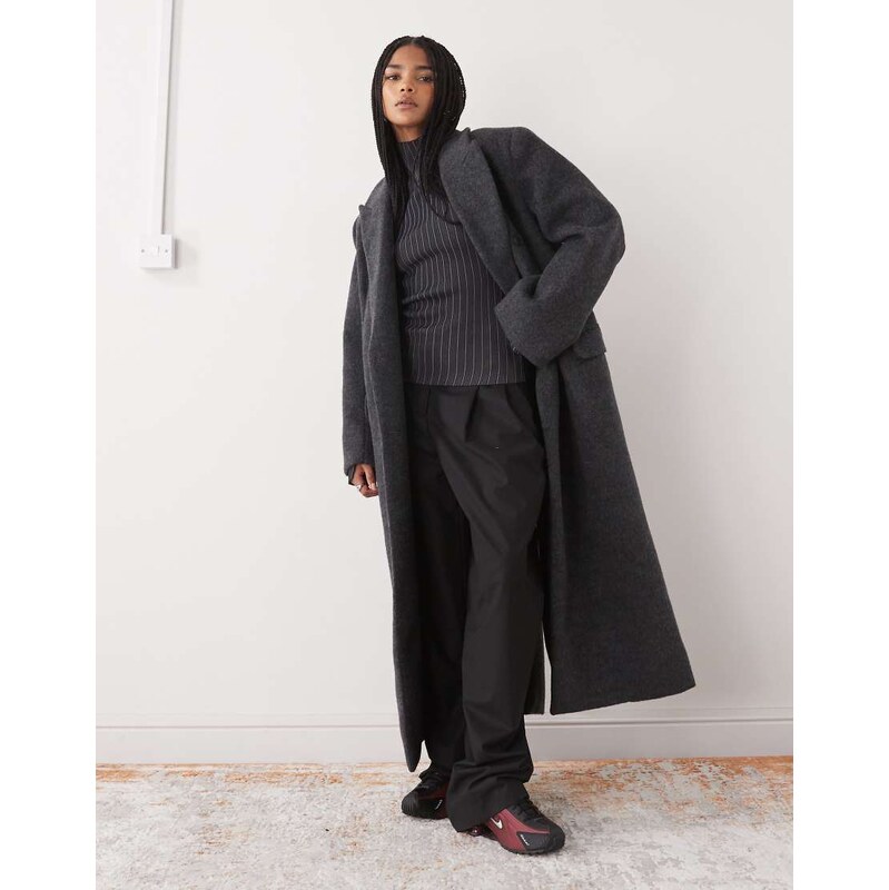 Weekday Logan wool blend hairy oversized double breasted coat in dark 109606896