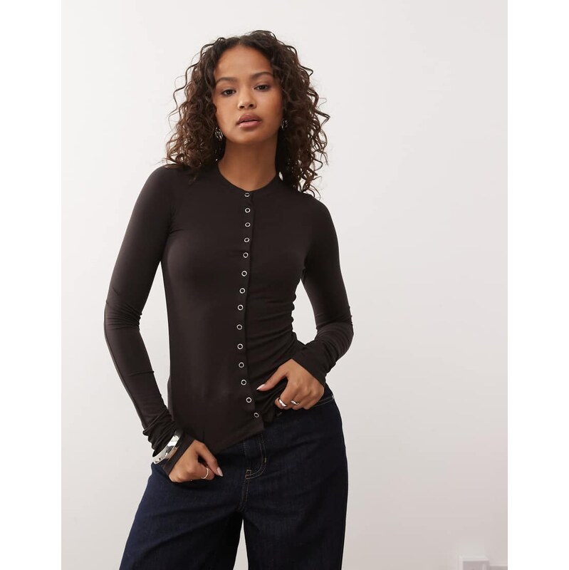 Weekday slim fit button front long sleeve top in dark brown 109606897
