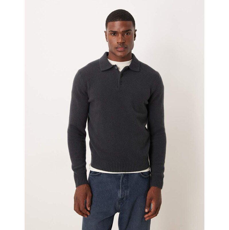 Mango split neck knitted polo jumper in blue