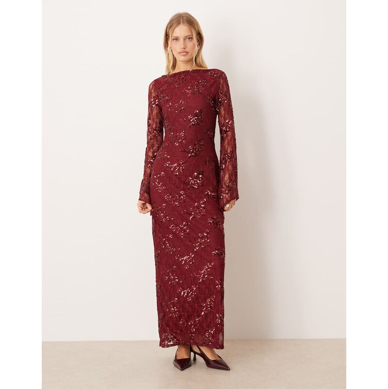 ASOS DESIGN long sleeve sequin lace maxi dress in burgundy-Red