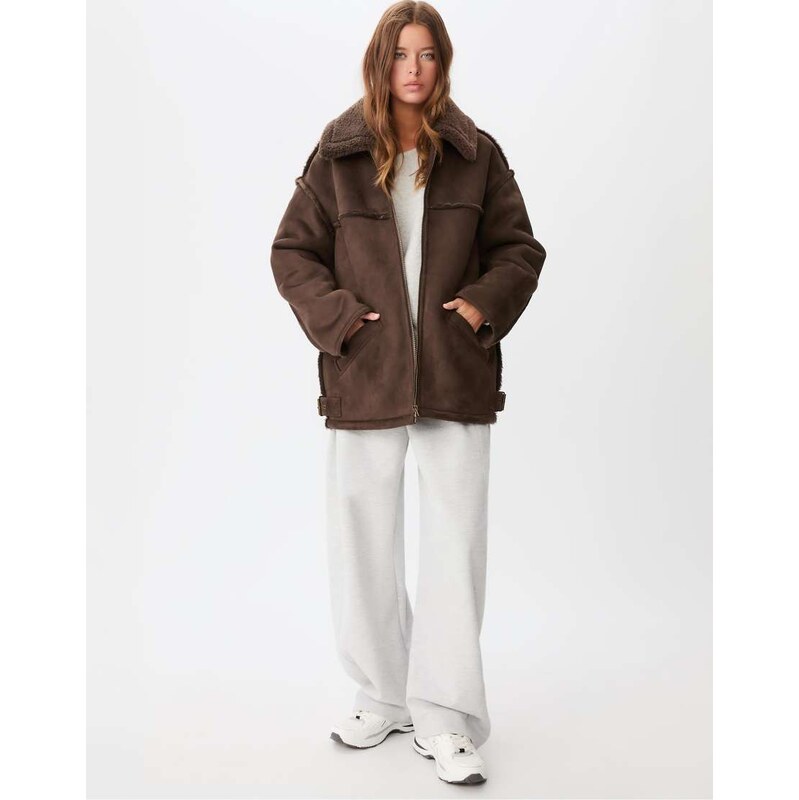 Stradivarius Faux shearling lined coat with seams in brown