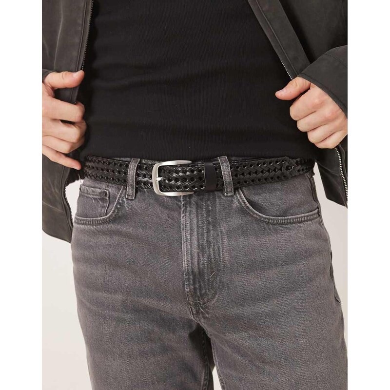 ASOS DESIGN woven leather woven belt with silver buckle in black