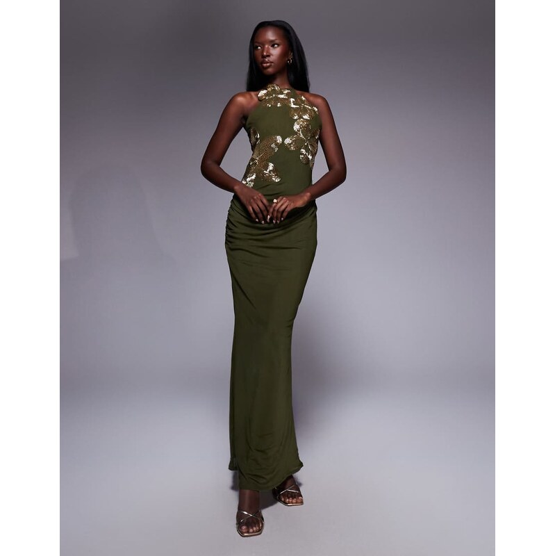 ASOS DESIGN halterneck maxi dress with 3D floral embellishment