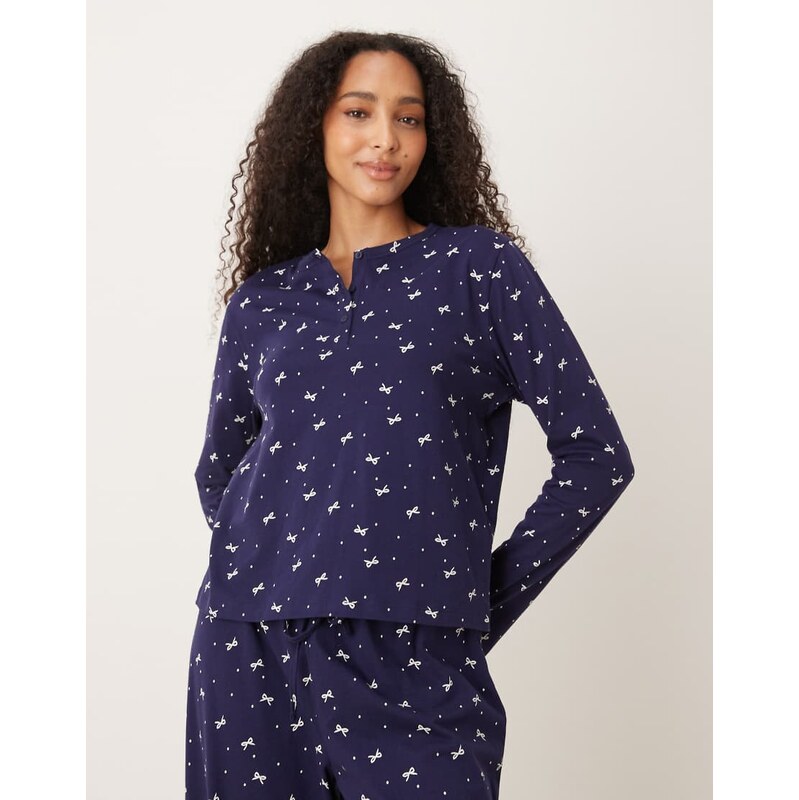 ASOS DESIGN mix & match cotton long sleeve henley pyjama top navy bow 111044696