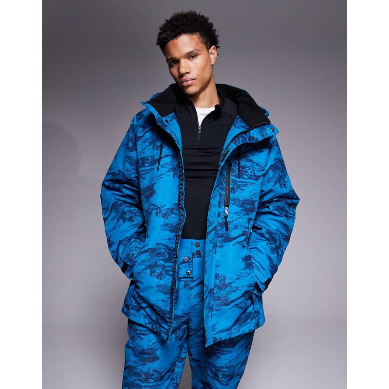 Threadbare zip through ski jacket with hood in blue and navy