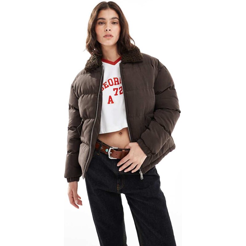 Brave Soul short puffer jacket with shearling collar in brown 109606764